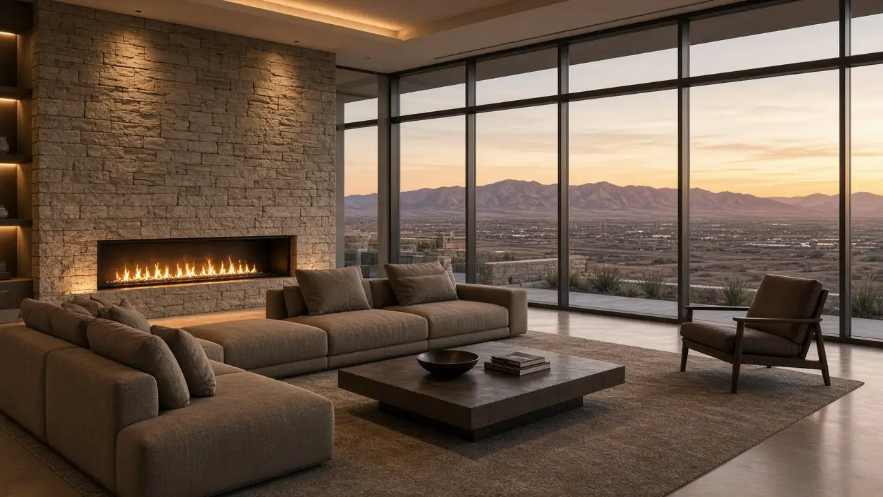 Luxury living room with a desert mountain view