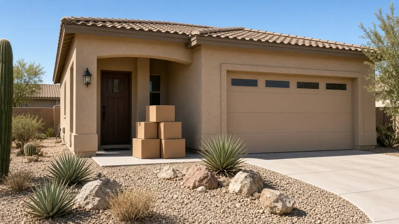 Las Vegas home with moving boxes at the door